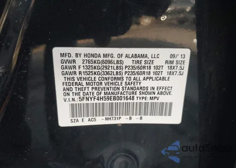 2014 Honda Pilot Ex-L from USA, damaged, VIN 5FNYF4H59EB001648